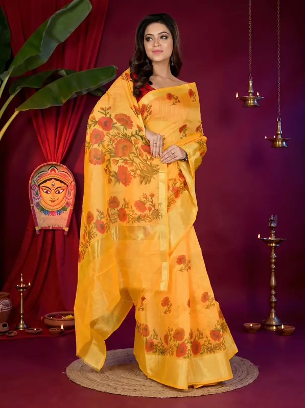 DipDiya Cotton Yellow Narme Regal Bengali Printed Handloom Sarees