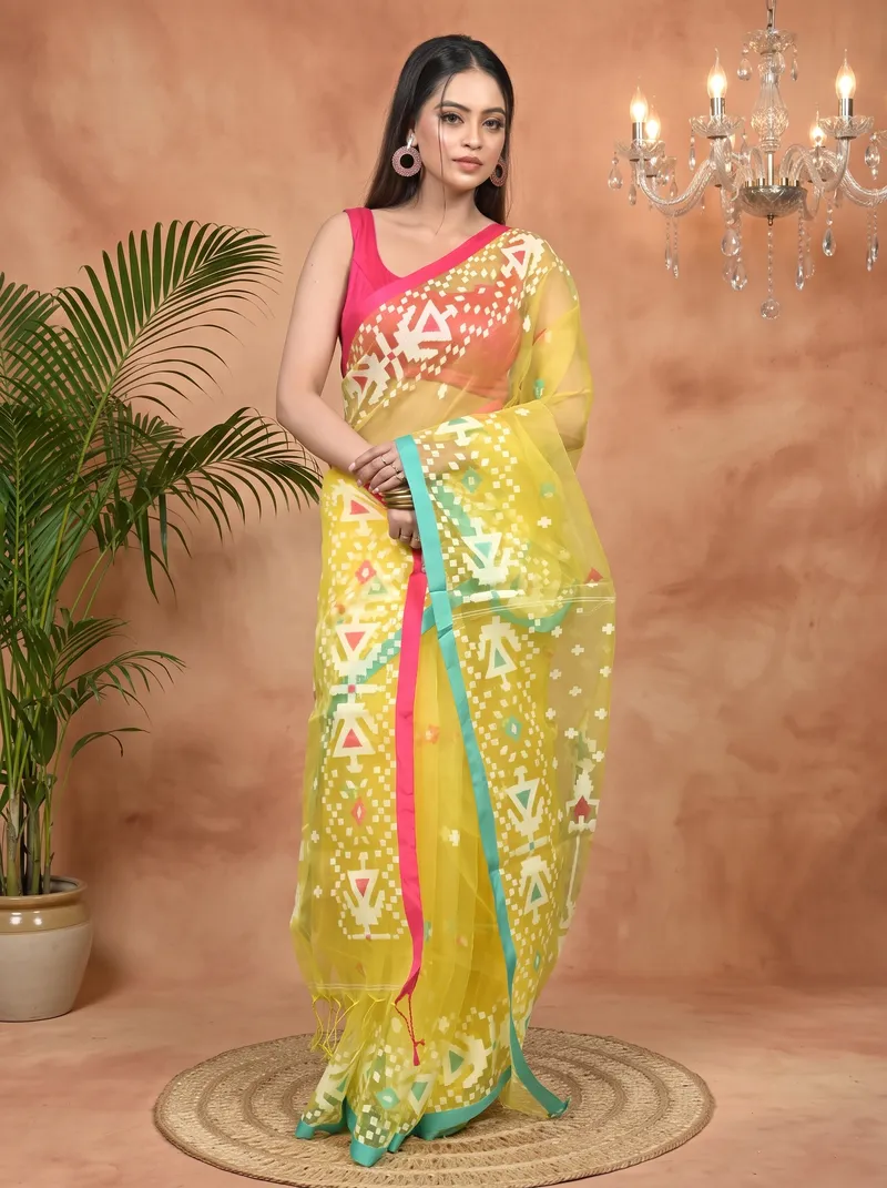 DipDiya Cotton Yellow Nopvi Classic Bengali Muslin sarees