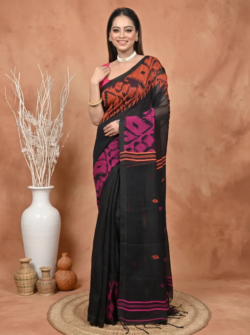 DipDiya Kesh Cotton  Traditional Bengali Black Artisan Crafted Soudik Handloom Saree