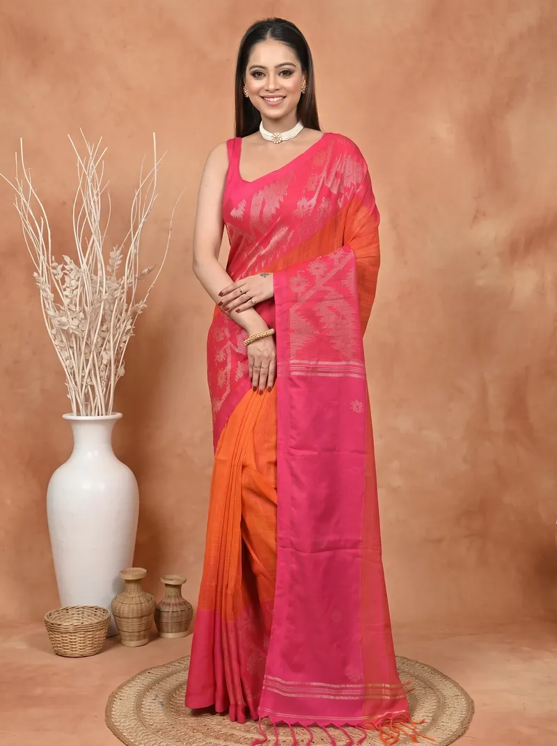 DipDiya Kesh Cotton  Traditional Bengali Dark Pink Artisan Crafted Soudik Handloom Saree