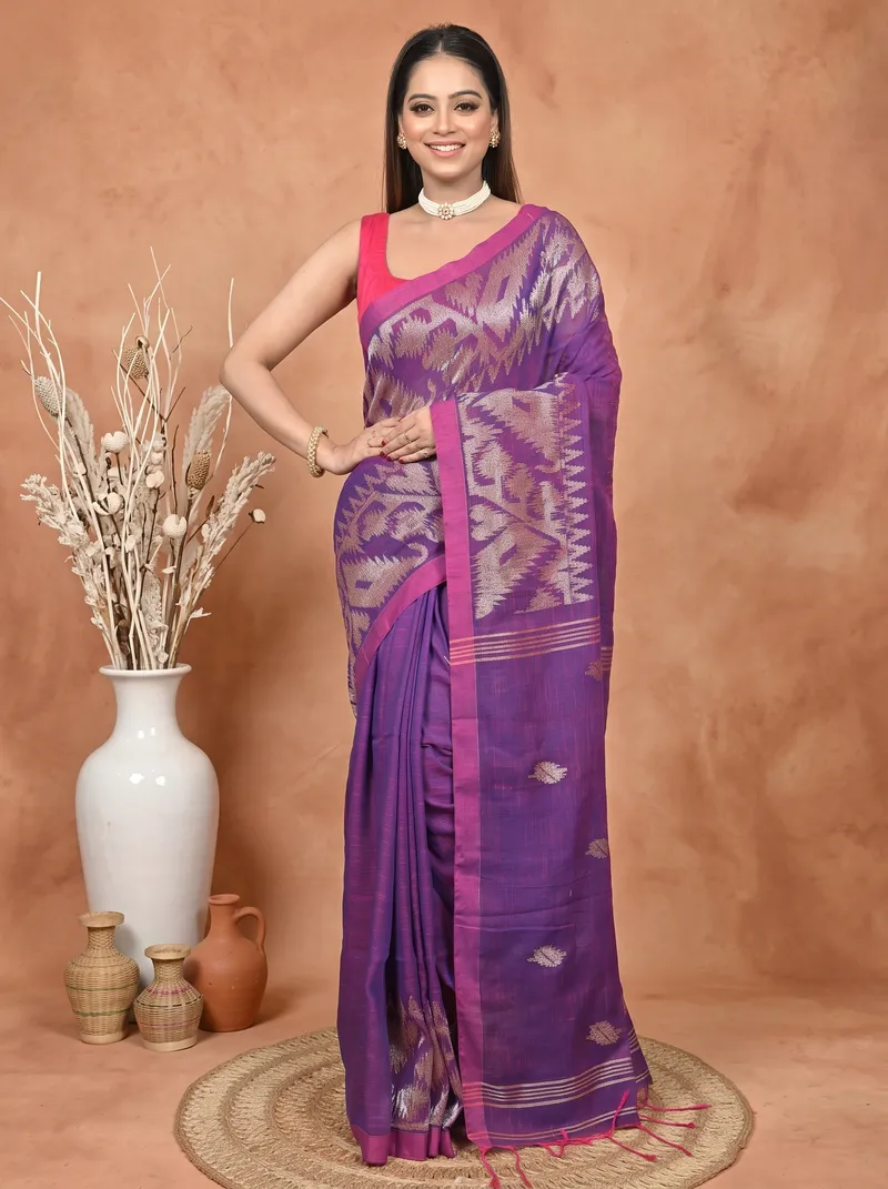 DipDiya Kesh Cotton  Traditional Bengali Dark Violet Artisan Crafted Soudik Handloom Saree