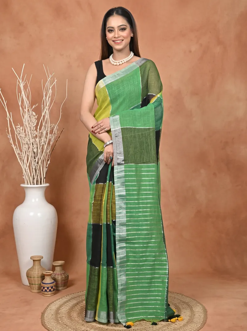DipDiya Kesh Cotton  Traditional Bengali Green Artisan Crafted Souvon Handloom Saree