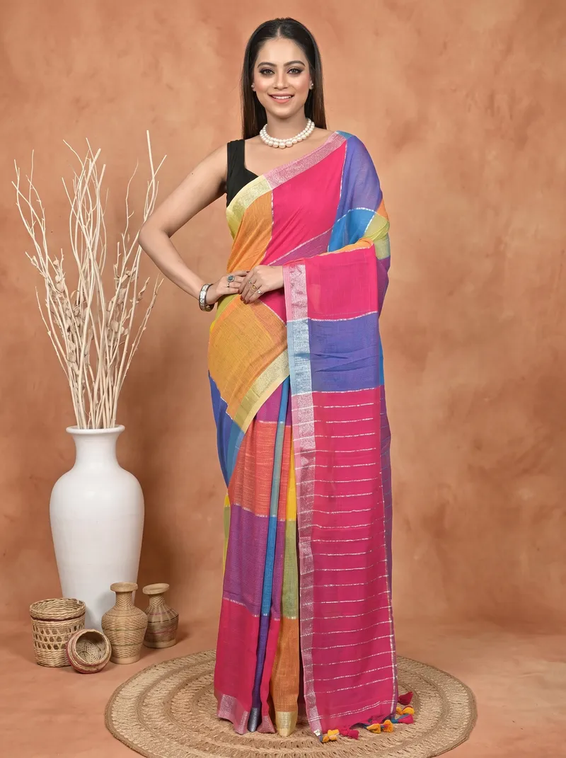 DipDiya Kesh Cotton  Traditional Bengali Multi-Coloured Artisan Crafted Souvon Handloom Saree