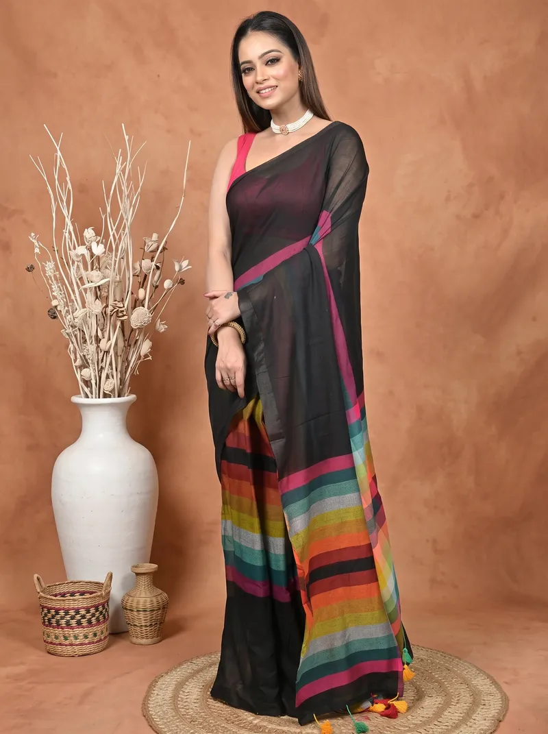 DipDiya Khadi Cotton  Traditional Bengali Black Artisan Crafted Sounur Handloom Saree
