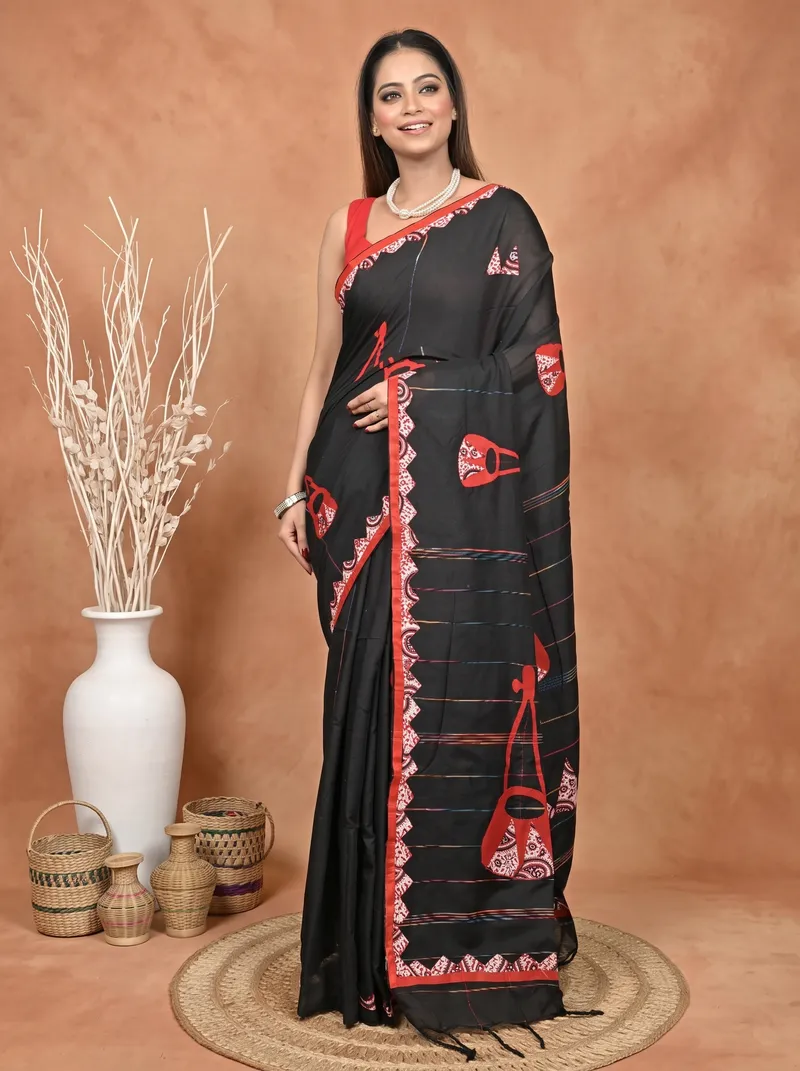 DipDiya Khadi Cotton  Traditional Bengali Black Red Artisan Crafted Ektara Applique Saree
