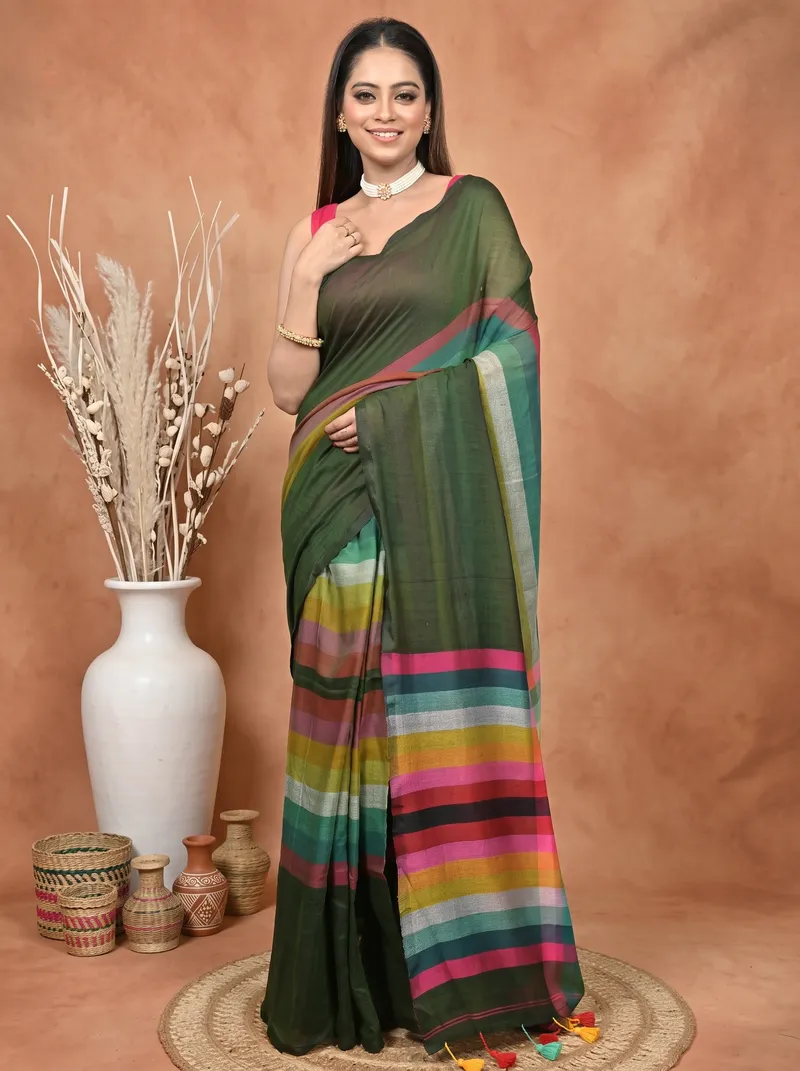 DipDiya Khadi Cotton  Traditional Bengali Dark Green Artisan Crafted Sounur Handloom Saree