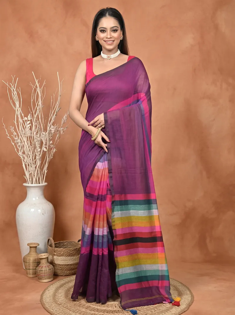 DipDiya Khadi Cotton  Traditional Bengali Dark Violet Artisan Crafted Sounur Handloom Saree