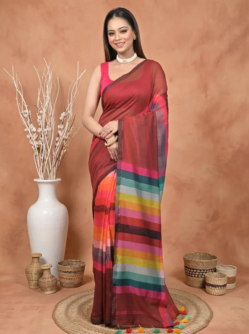 DipDiya Khadi Cotton  Traditional Bengali Maroon Artisan Crafted Sounur Handloom Saree