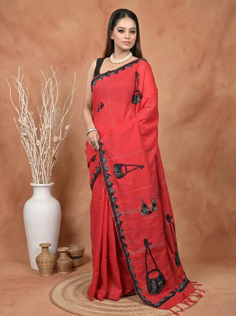 DipDiya Khadi Cotton  Traditional Bengali Red Black Artisan Crafted Ektara Applique Saree