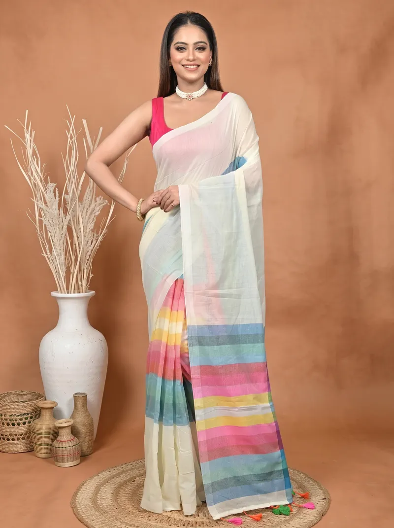 DipDiya Khadi Cotton  Traditional Bengali White Artisan Crafted Sounur Handloom Saree