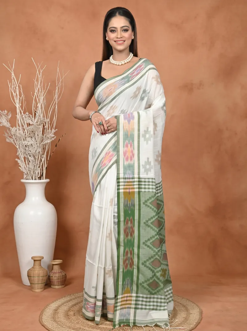 DipDiya Khadi Cotton  Traditional Bengali White Green Artisan Crafted Soukor Kotki Saree