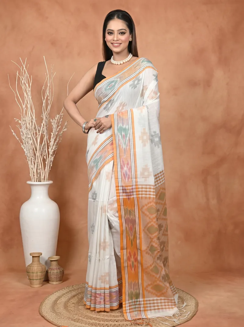 DipDiya Khadi Cotton  Traditional Bengali White Orange Artisan Crafted Soukor Kotki Saree