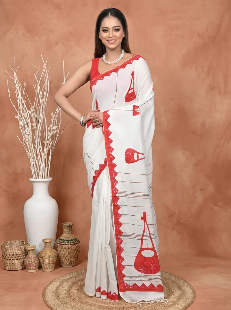 DipDiya Khadi Cotton  Traditional Bengali White Red Artisan Crafted Ektara Applique Saree