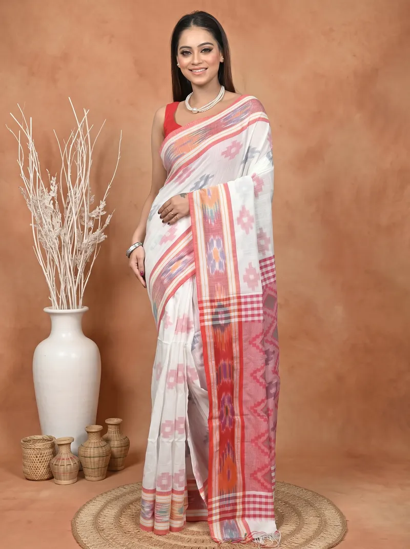 DipDiya Khadi Cotton  Traditional Bengali White Red Artisan Crafted Soukor Kotki Saree