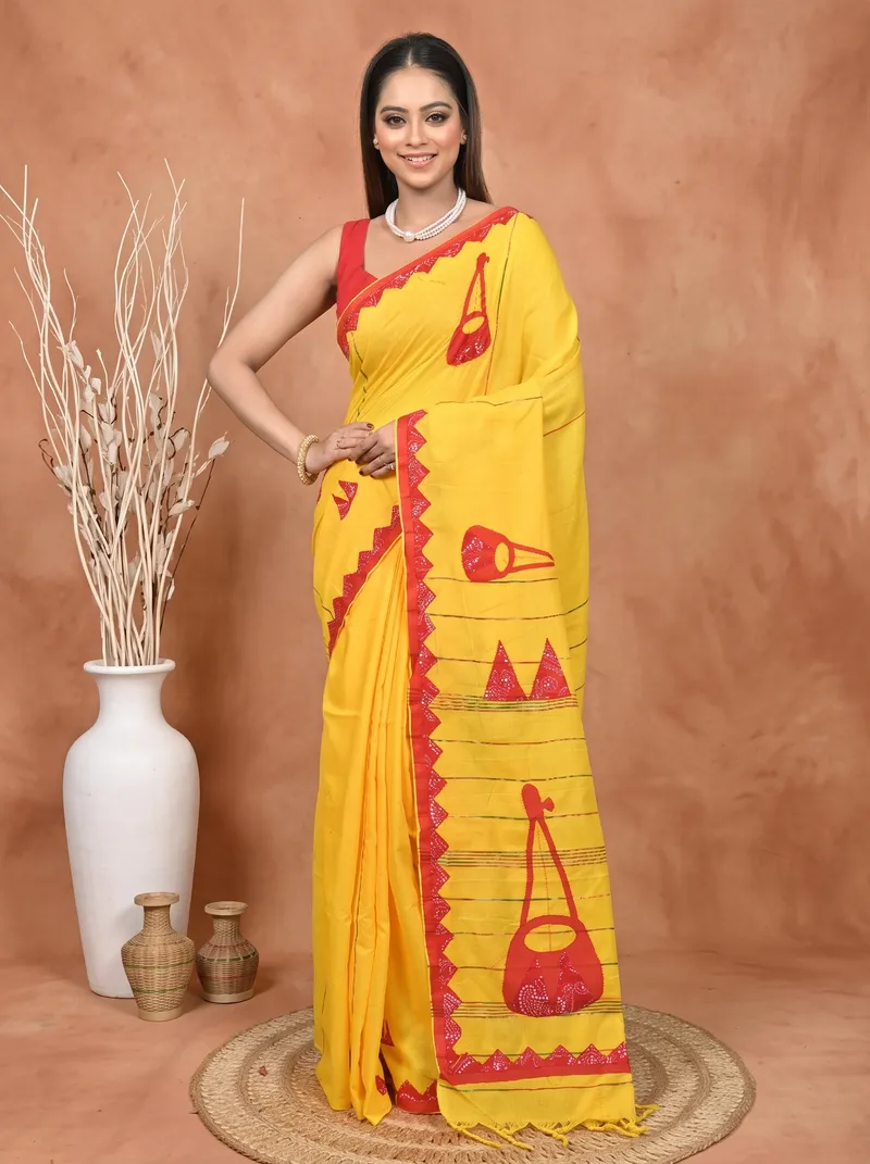 DipDiya Khadi Cotton  Traditional Bengali Yellow Red Artisan Crafted Ektara Applique Saree