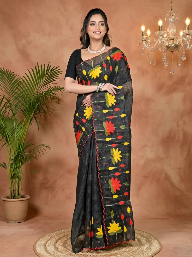DipDiya Kota Cotton Black Parva The Bengali Classic Kota Applique Sarees