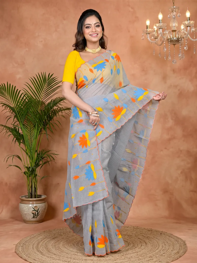 DipDiya Kota Cotton Grey Parva Threads of Tradition Kota Applique Sarees