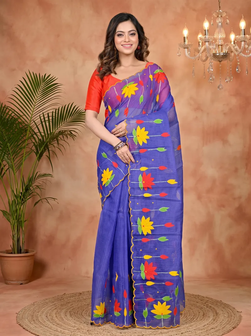 DipDiya Kota Cotton Naby Blue Parva Rooted in Bengal Kota Applique Sarees