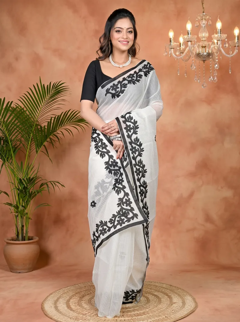 DipDiya Kota Cotton White Parvani Traditional Elegance Kota Applique Sarees