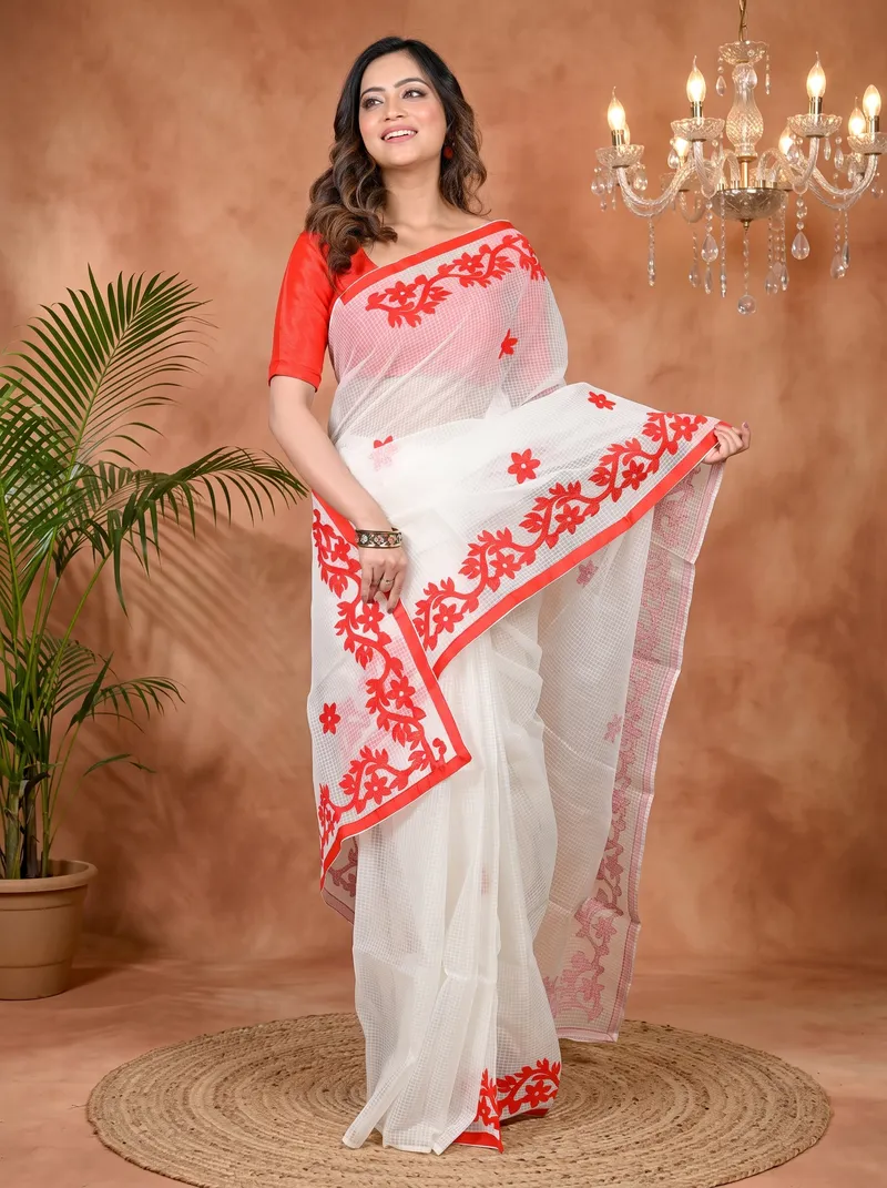 DipDiya Kota Cotton White Red Parvani Timeless Elegance Kota Applique Sarees