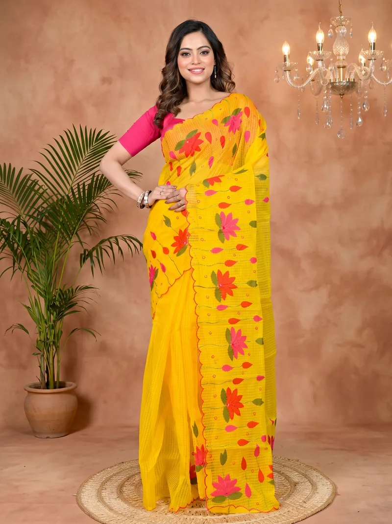 DipDiya Kota Cotton Yellow Parva Stories of Bengal Kota Applique Sarees