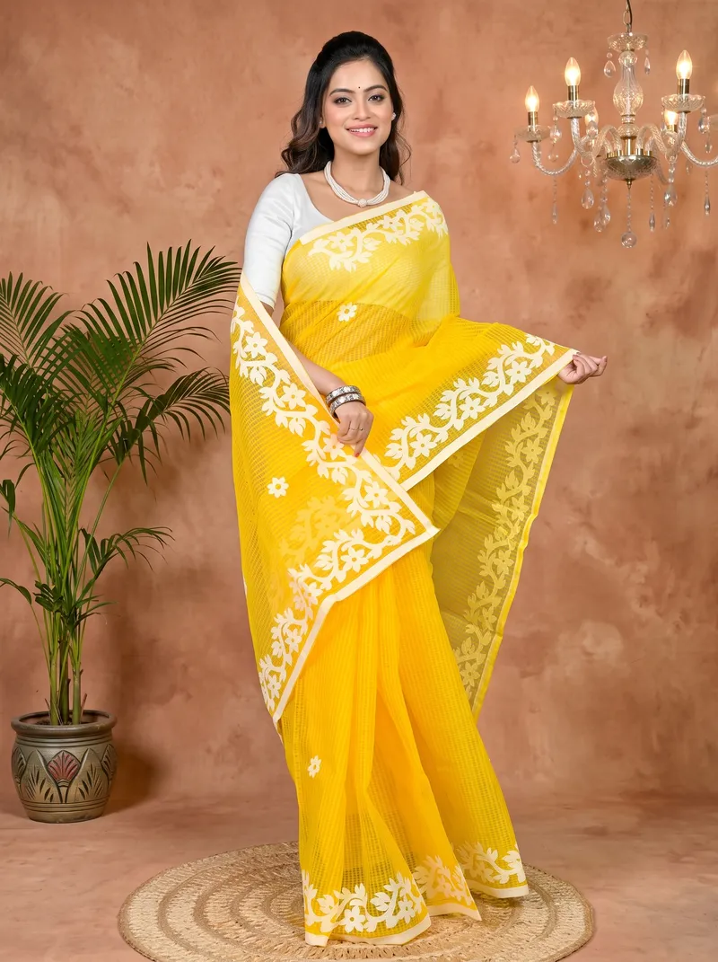DipDiya Kota Cotton Yellow Parvani Weaves with a Story Kota Applique Sarees