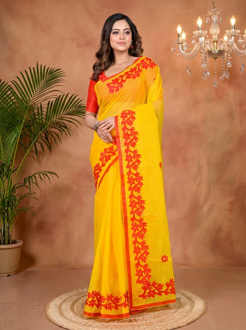 DipDiya Kota Cotton Yellow Red Parvani Timeless Bengal Kota Applique Sarees