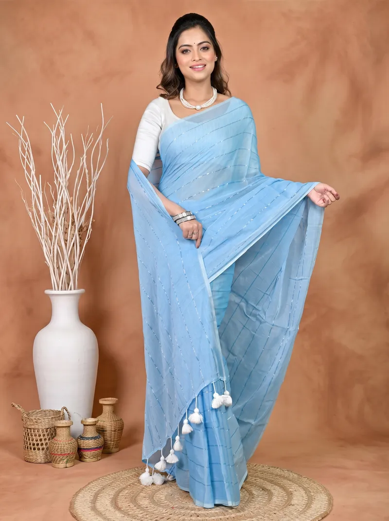 DipDiya Mal Cotton Sky Blue Pari Grace of Bengal Handloom Sarees