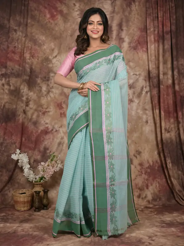 DipDiya Pure Cotton Aqua Green Achpan Pure Bengali Grace Tant Sarees