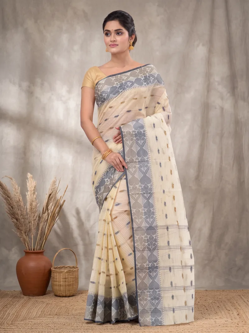 DipDiya Pure Cotton  Artisan Crafted Black Brown Traditional Bengali Aged Women Tant Saree