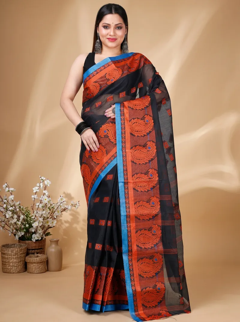 DipDiya Pure Cotton  Artisan Crafted Black Traditional Bengali Aloka Tant Saree