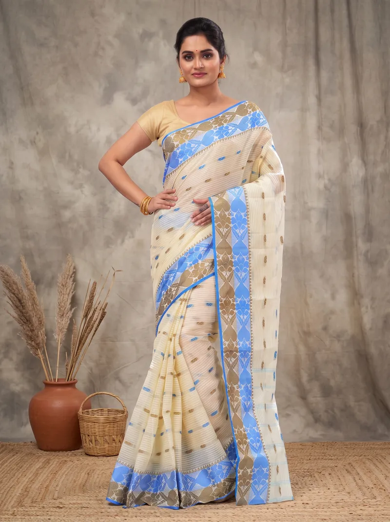 DipDiya Pure Cotton  Artisan Crafted Blue Brown Traditional Bengali Aged Women Tant Saree