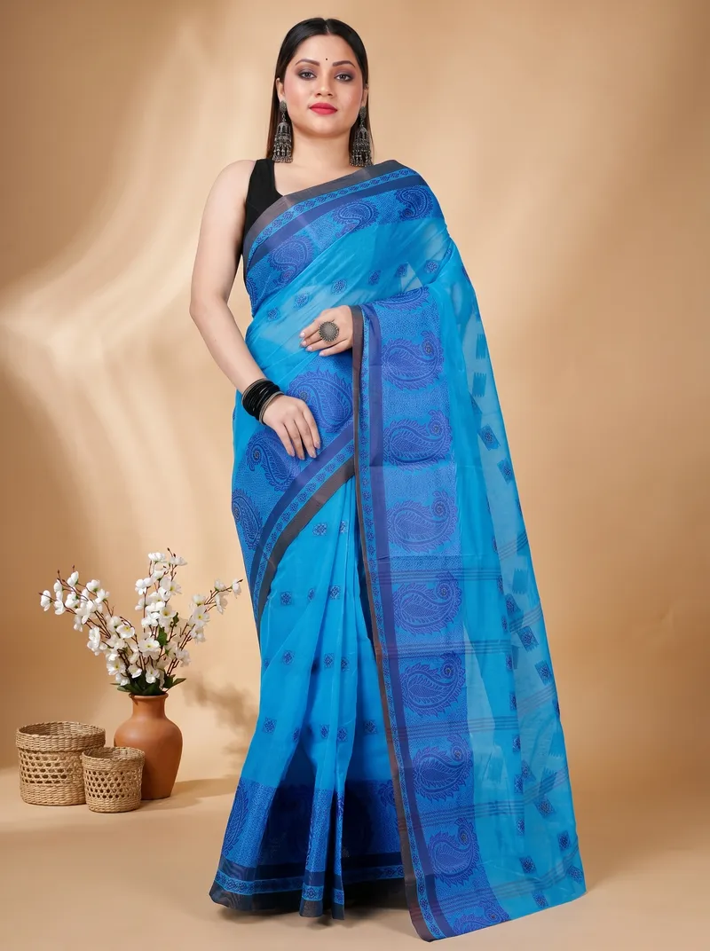 DipDiya Pure Cotton  Artisan Crafted Blue Traditional Bengali Aloka Tant Saree