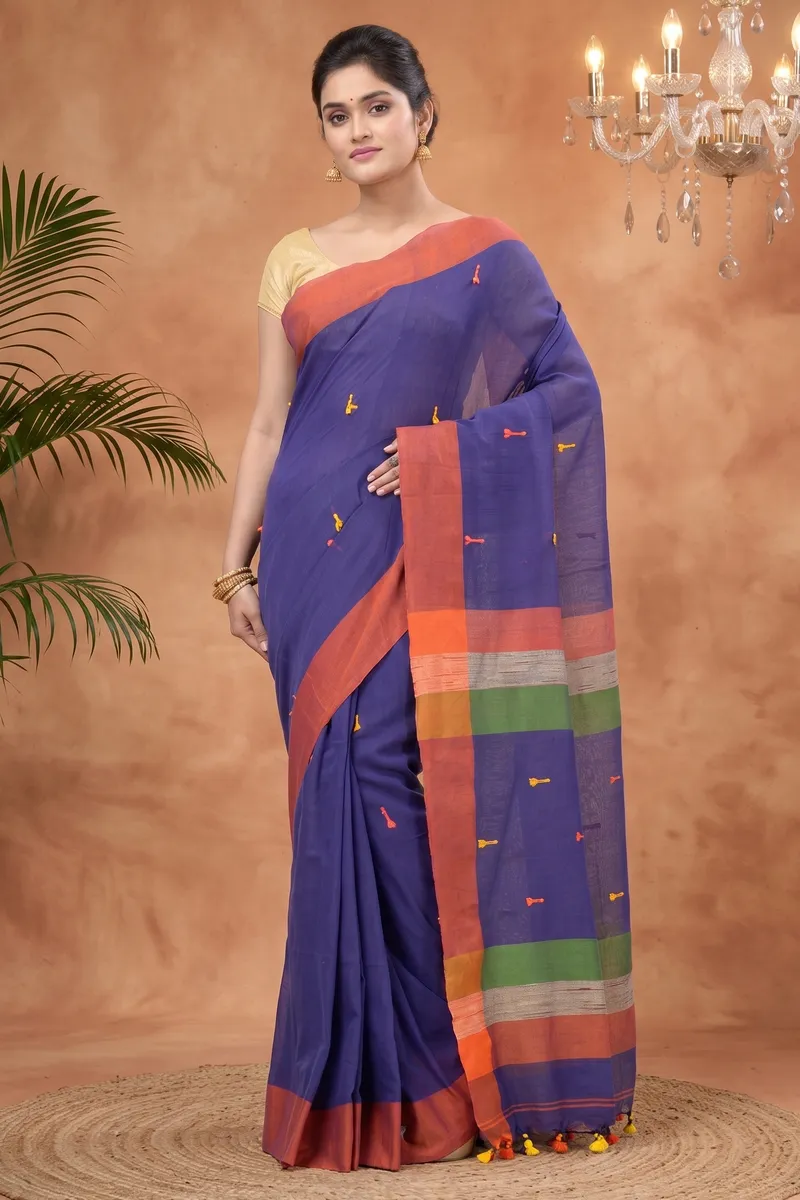 DipDiya Pure Cotton  Artisan Crafted Blue Traditional Bengali Clacial Desigined Handloom Saree