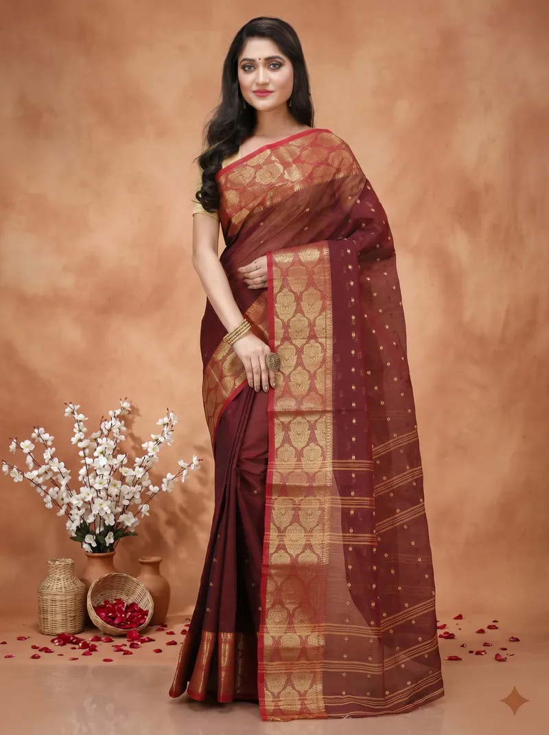 DipDiya Pure Cotton  Artisan Crafted Brown Traditional Bengali Asmani Tant Saree