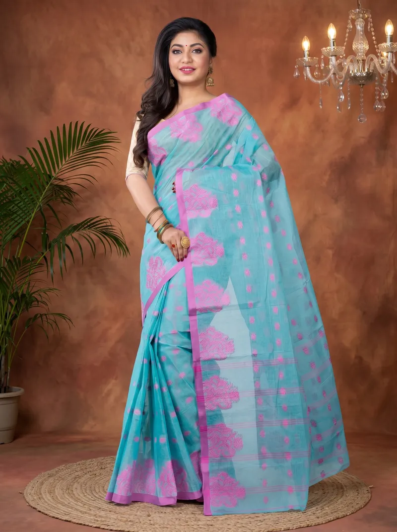 DipDiya Pure Cotton  Artisan Crafted Cyan Traditional Bengali Botgach Tant Saree