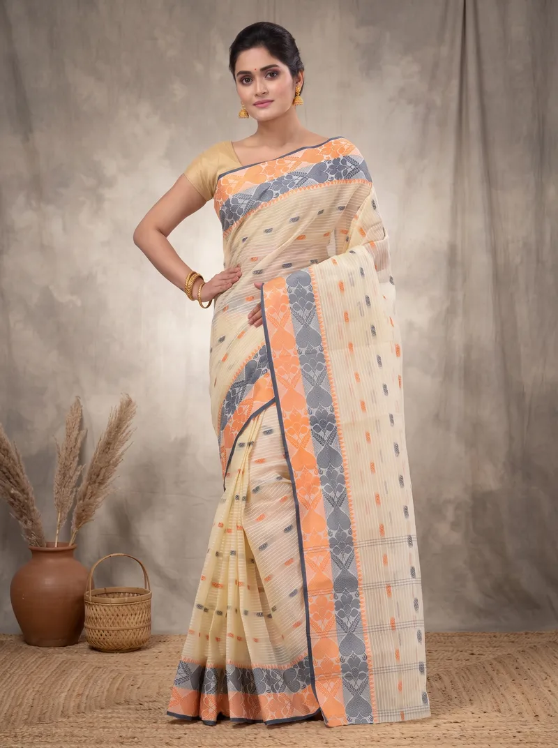 DipDiya Pure Cotton  Artisan Crafted Gray Golden Traditional Bengali Aged Women Tant Saree