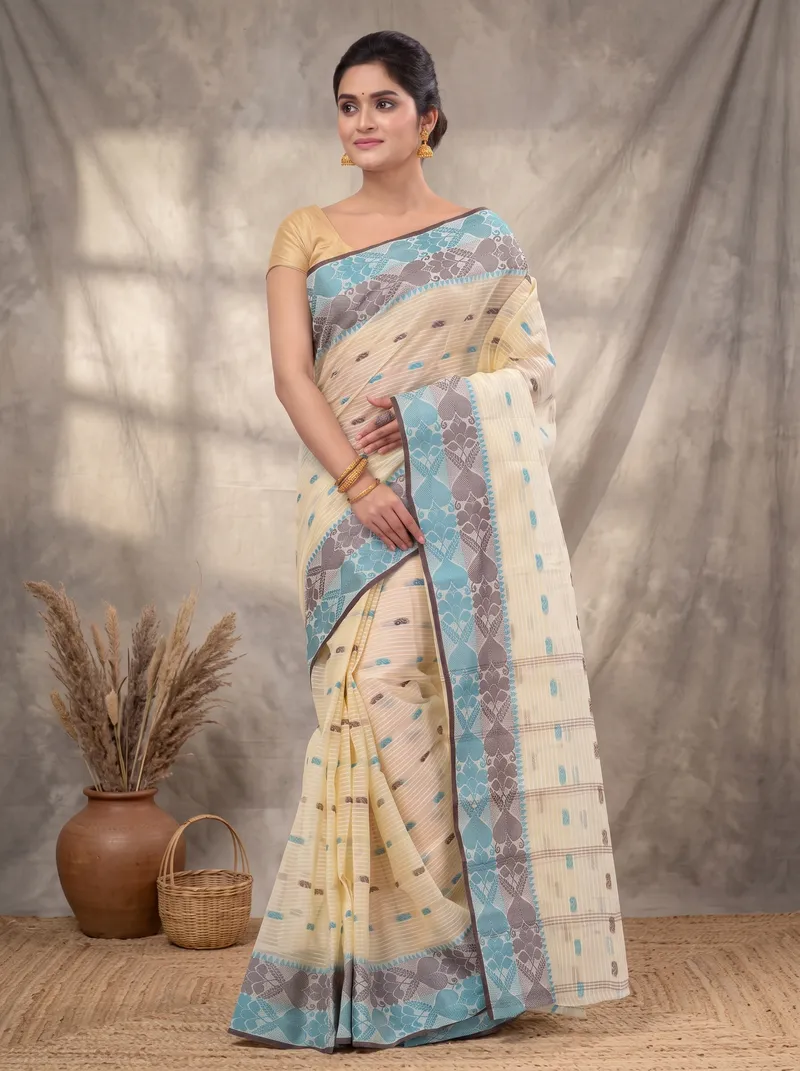 DipDiya Pure Cotton  Artisan Crafted Green Brown Traditional Bengali Aged Women Tant Saree