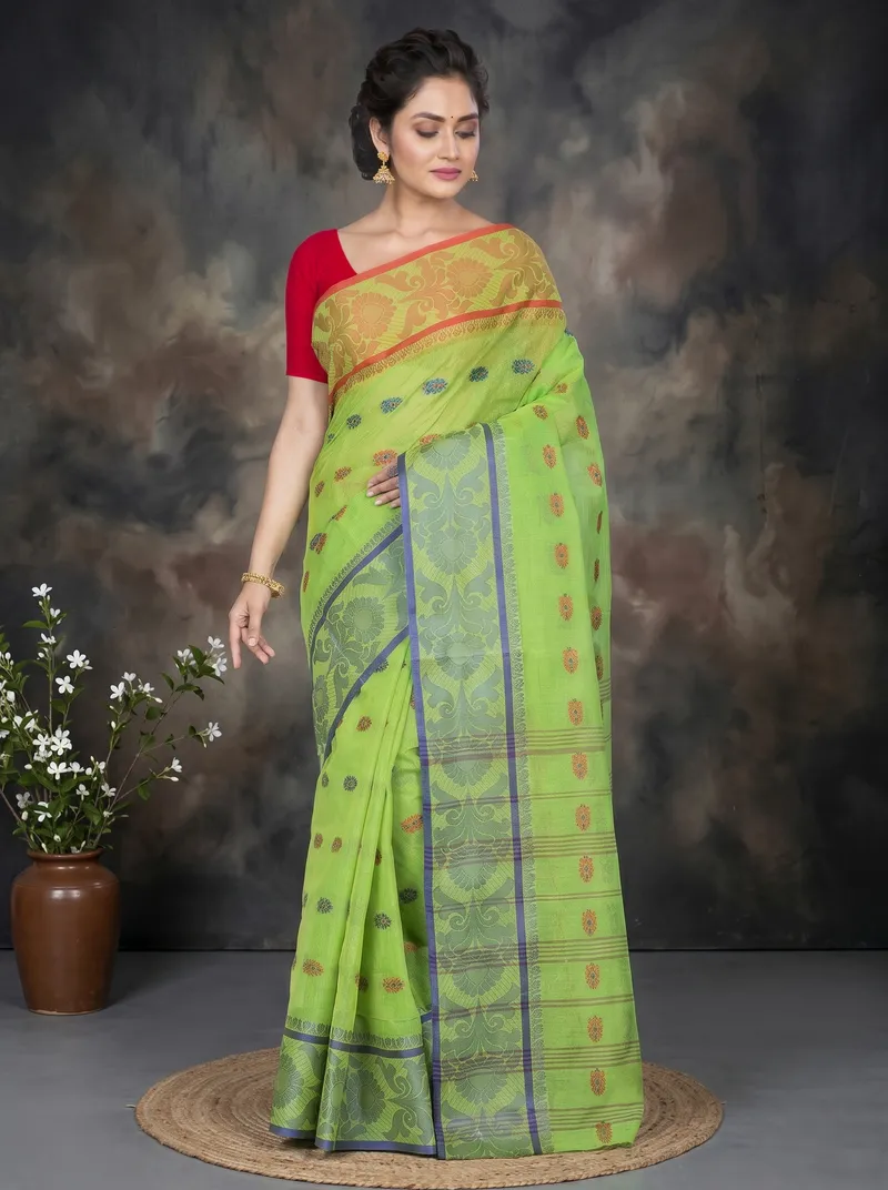 DipDiya Pure Cotton  Artisan Crafted Green Traditional Bengali Akriti Tant Saree