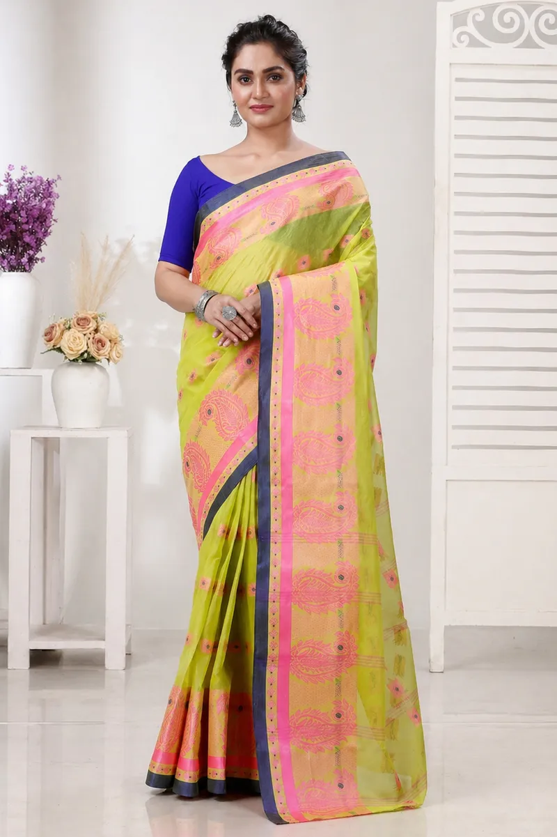 DipDiya Pure Cotton  Artisan Crafted Green Traditional Bengali Aloka Tant Saree