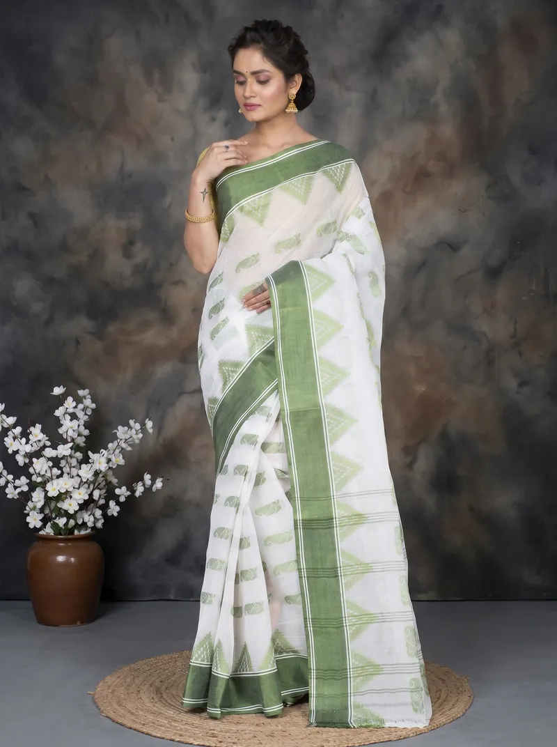 DipDiya Pure Cotton  Artisan Crafted Green Traditional Bengali Archana Tant Saree