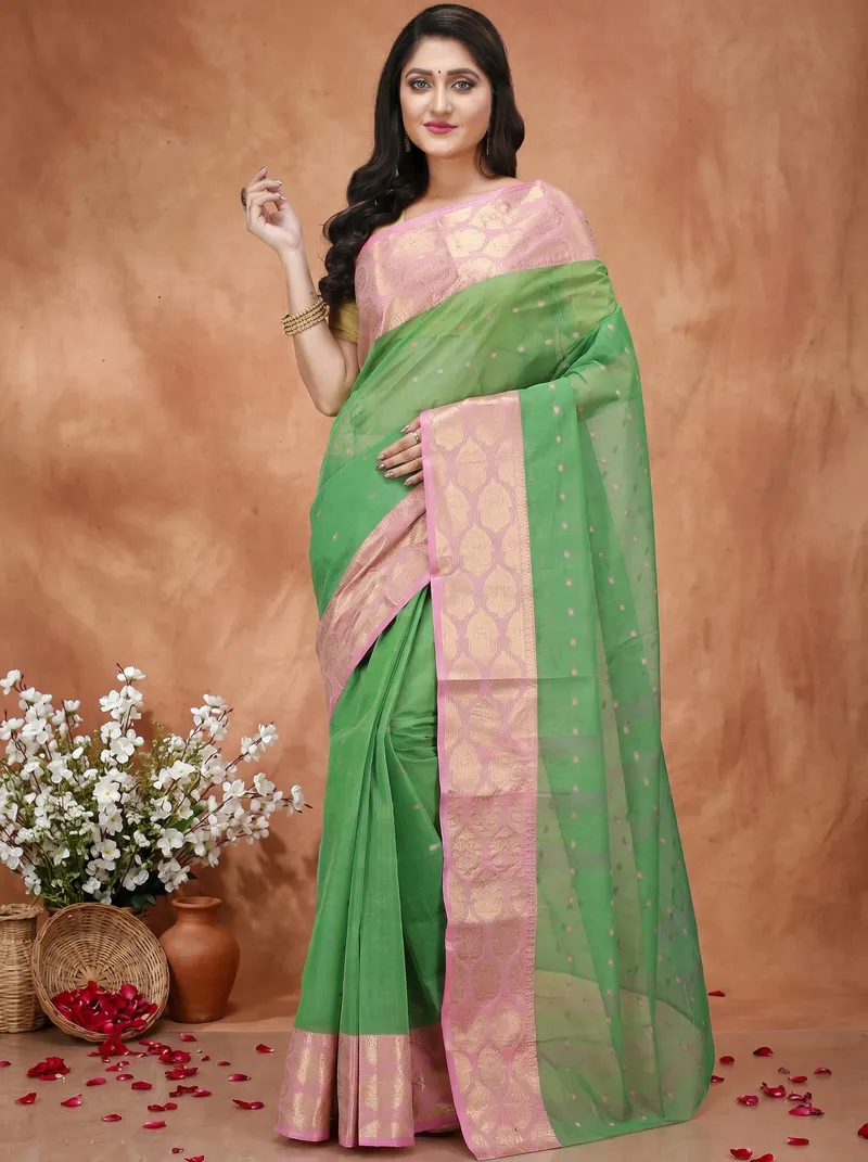DipDiya Pure Cotton  Artisan Crafted Green Traditional Bengali Asmani Tant Saree