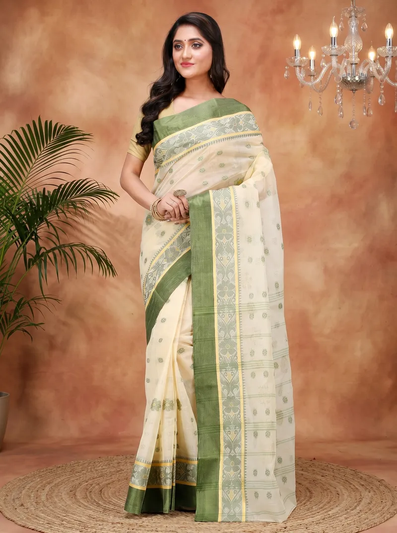 DipDiya Pure Cotton  Artisan Crafted Green White Traditional Bengali BolLata Tant Tant Saree