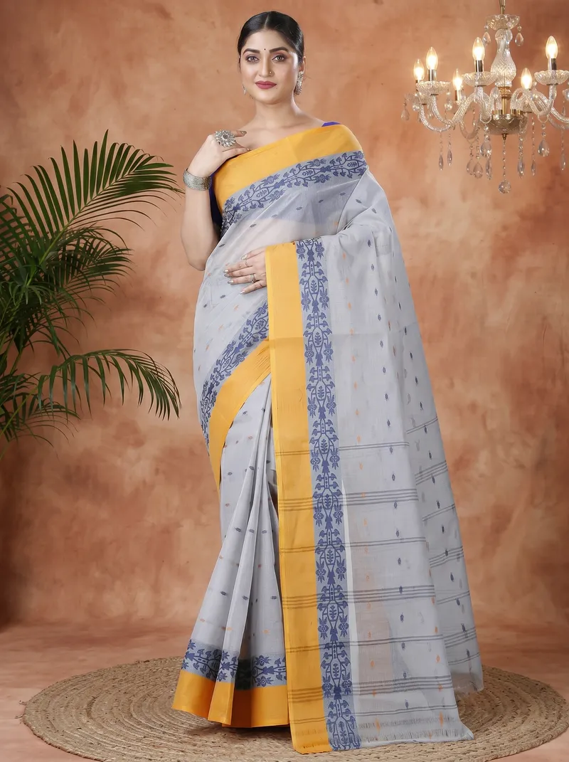 DipDiya Pure Cotton  Artisan Crafted Grey Traditional Bengali Apurva Tant Saree