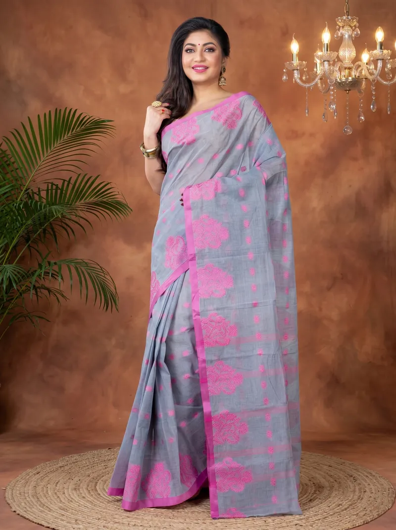 DipDiya Pure Cotton  Artisan Crafted Grey Traditional Bengali Botgach Tant Saree