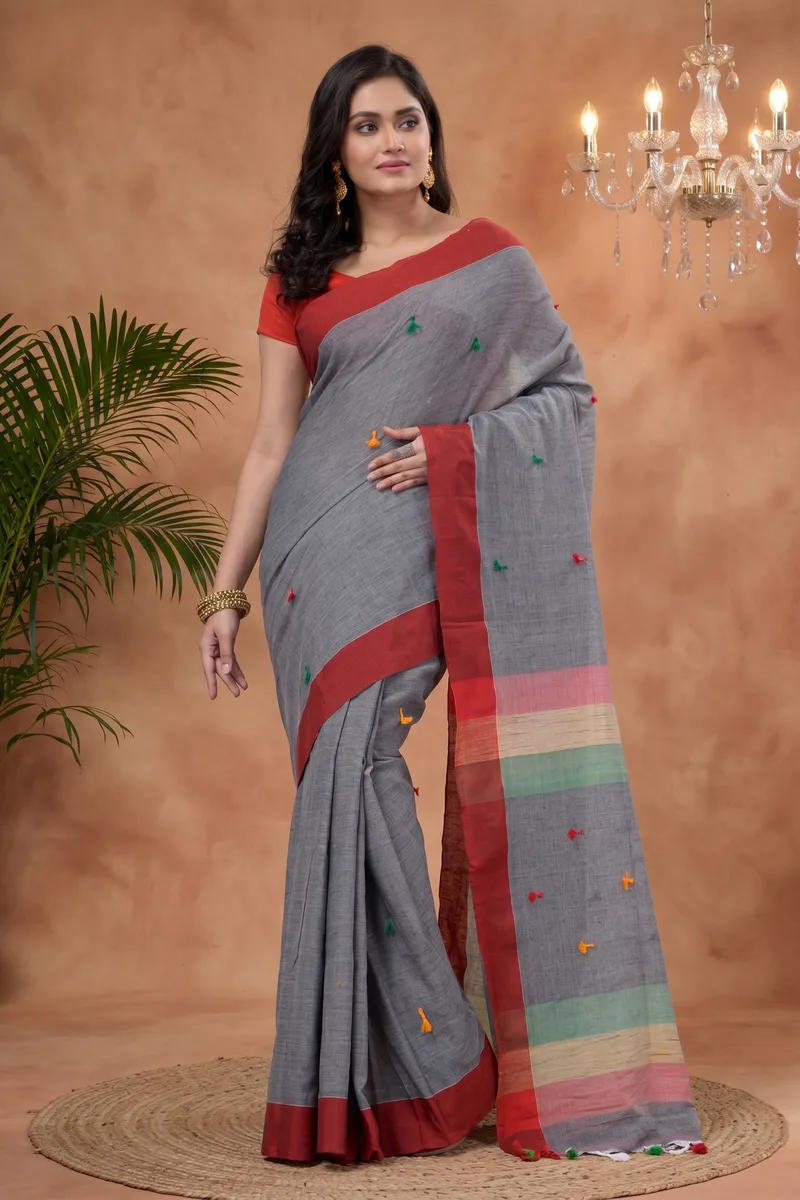 DipDiya Pure Cotton  Artisan Crafted Grey Traditional Bengali Clacial Desigined Handloom Saree