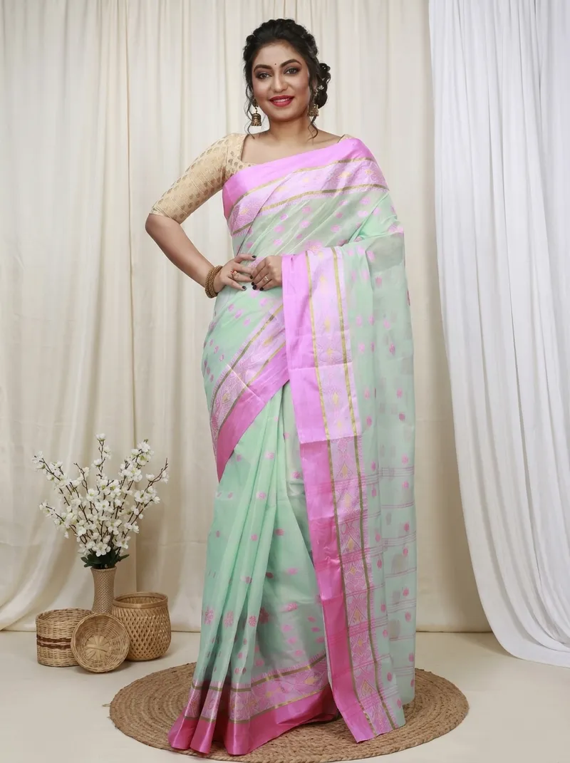 DipDiya Pure Cotton  Artisan Crafted Lime Green Traditional Bengali BolLata Tant Tant Saree
