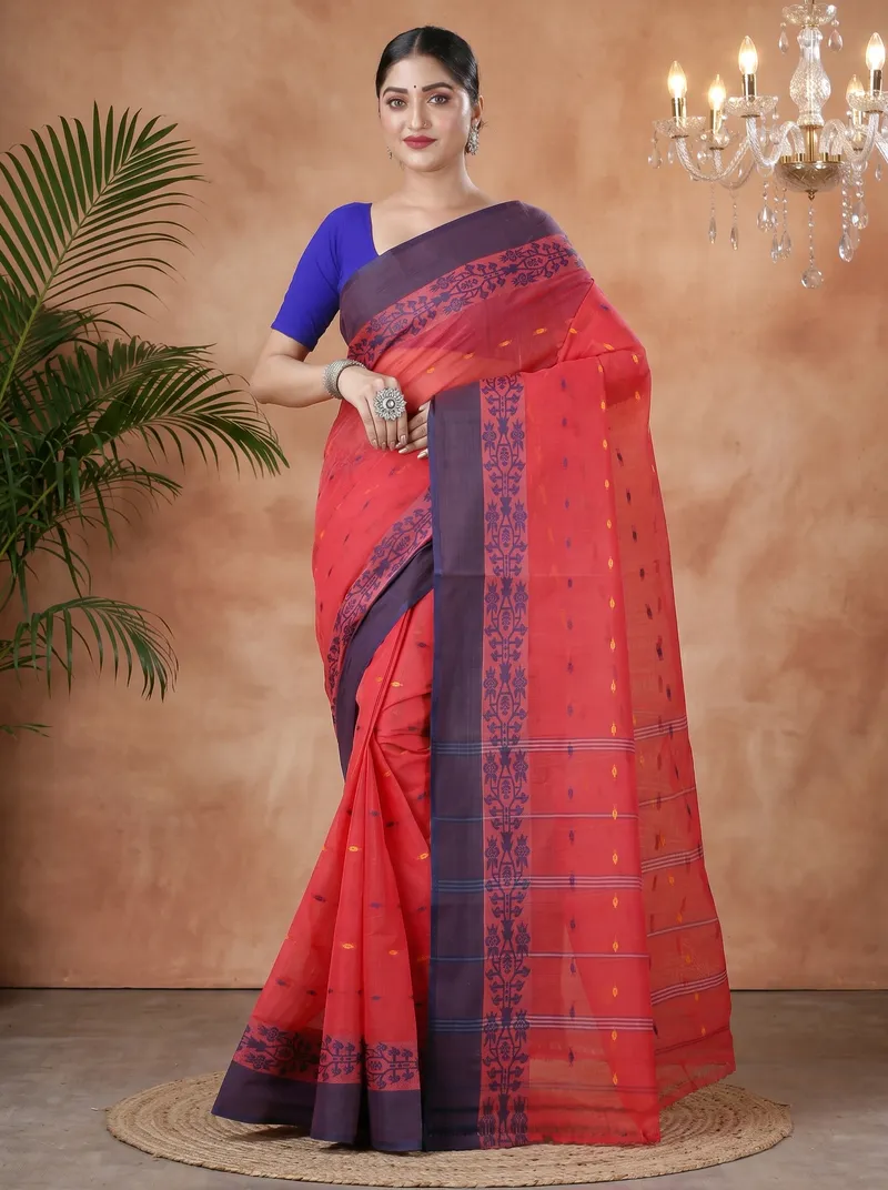 DipDiya Pure Cotton  Artisan Crafted Maroon Traditional Bengali Apurva Tant Saree
