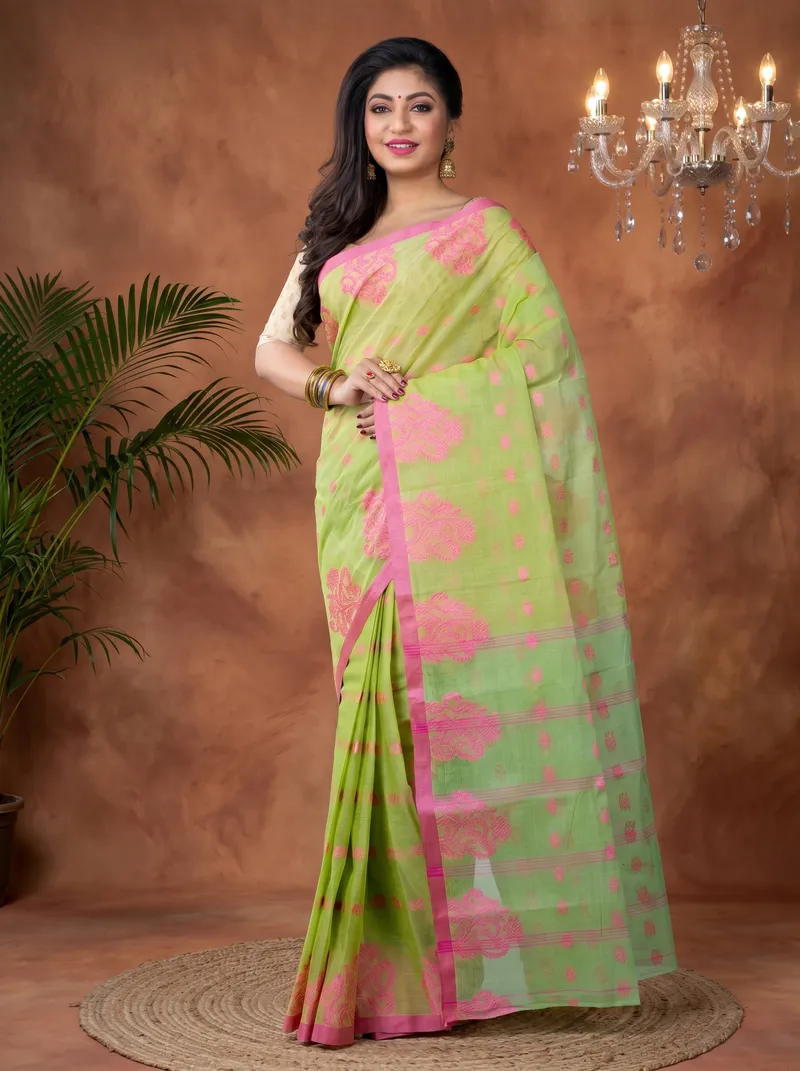 DipDiya Pure Cotton  Artisan Crafted Olive Green Traditional Bengali Botgach Tant Saree