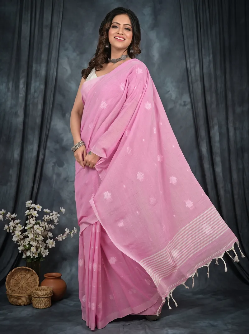 DipDiya Pure Cotton  Artisan Crafted Pastel Pink Traditional Bengali Achbu Handloom Saree